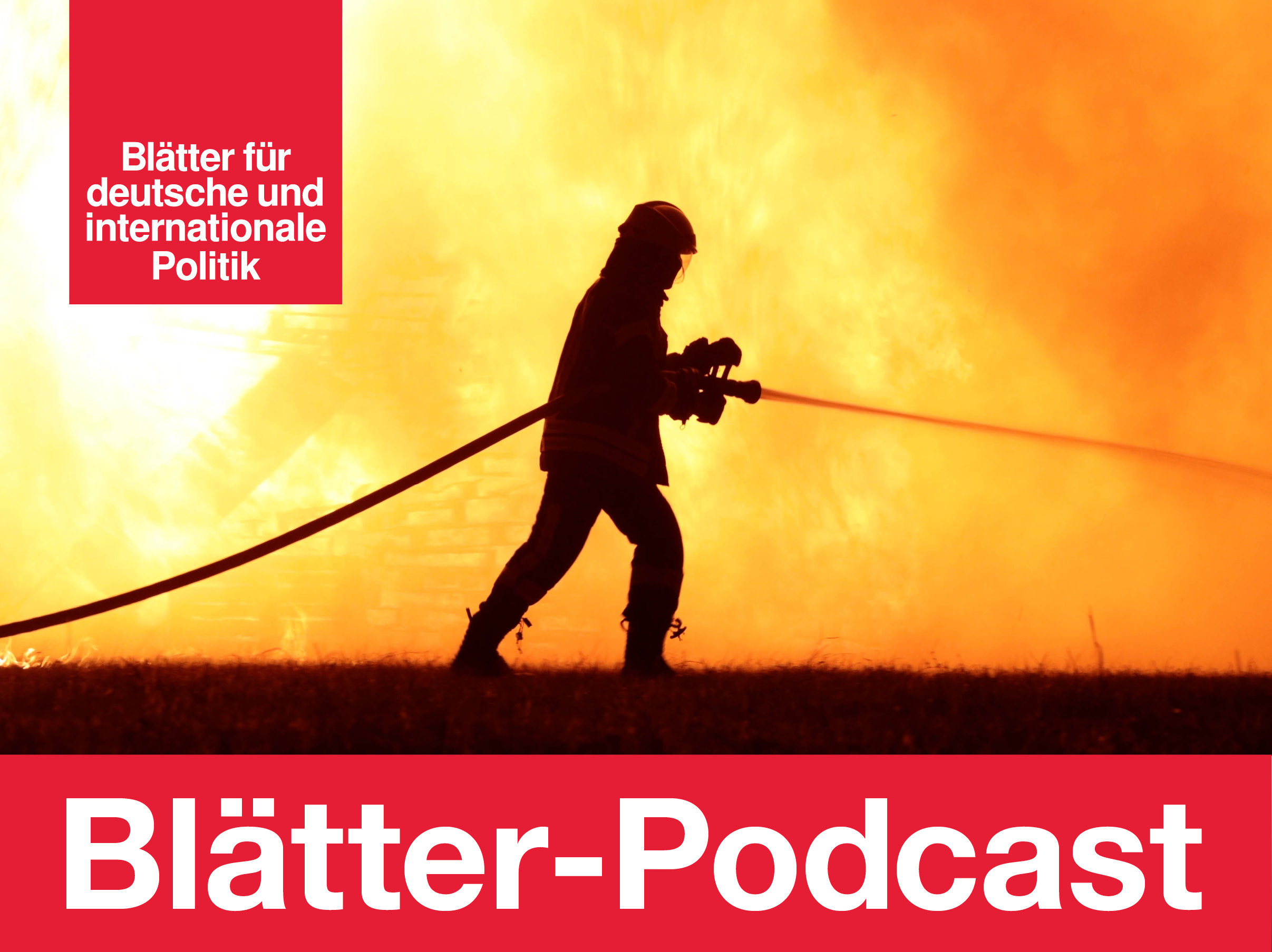 Eine Person mit Helm und Löschschlauch vor lodernden Flammen (IMAGO / A. Friedrichs)